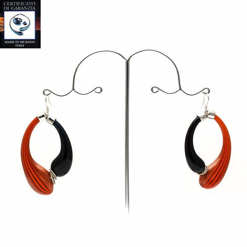 Orecchini due gocce avventurina NERO/ARANCIONE con filigrana - Top Glass Murano